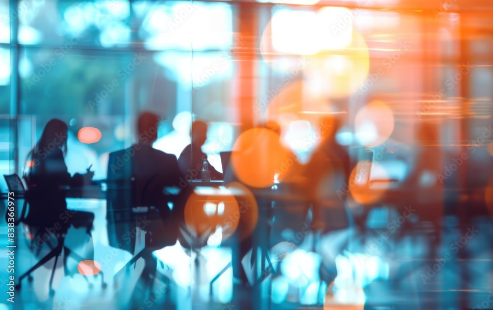 Silhouettes of business people in a meeting, blurred background with city lights. Silhouettes of business people in a meeting, blurred background with city lights.
