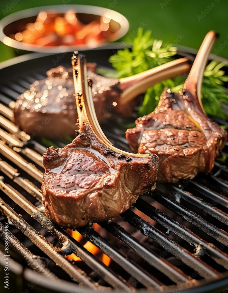 juicy lamb chops cooking on a bbq