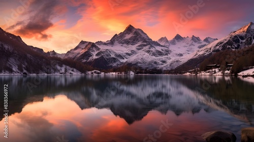 Panoramic view of snowy mountains reflected in the lake at sunset