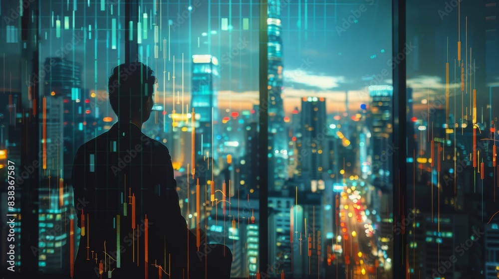Double exposure of a corporate executive looking out a window, with an overlay of financial charts and a city skyline at night, highlighting ambition and financial planning Double exposure of a corporate executive looking out a window, with an overlay of financial charts and a city skyline at night, highlighting ambition and financial planning
