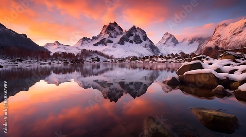 Mountain lake with reflection of snowy peaks at sunset. Panoramic view.
