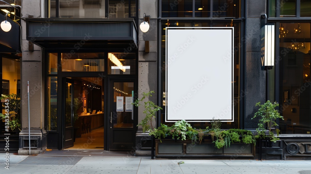 Poster mockup canvas. Storefront, restaurant front with blank signage and urban decor Poster mockup canvas. Storefront, restaurant front with blank signage and urban decor