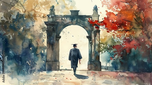 A student walks through a university archway, surrounded by colorful trees