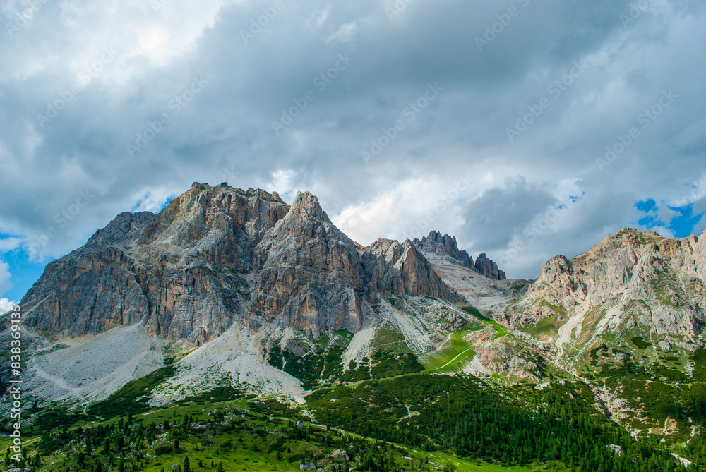 the Falzarego Pass in the Dolomites dominated by the 3000 m of Mount Lagazuoi the Falzarego Pass in the Dolomites dominated by the 3000 m of Mount Lagazuoi