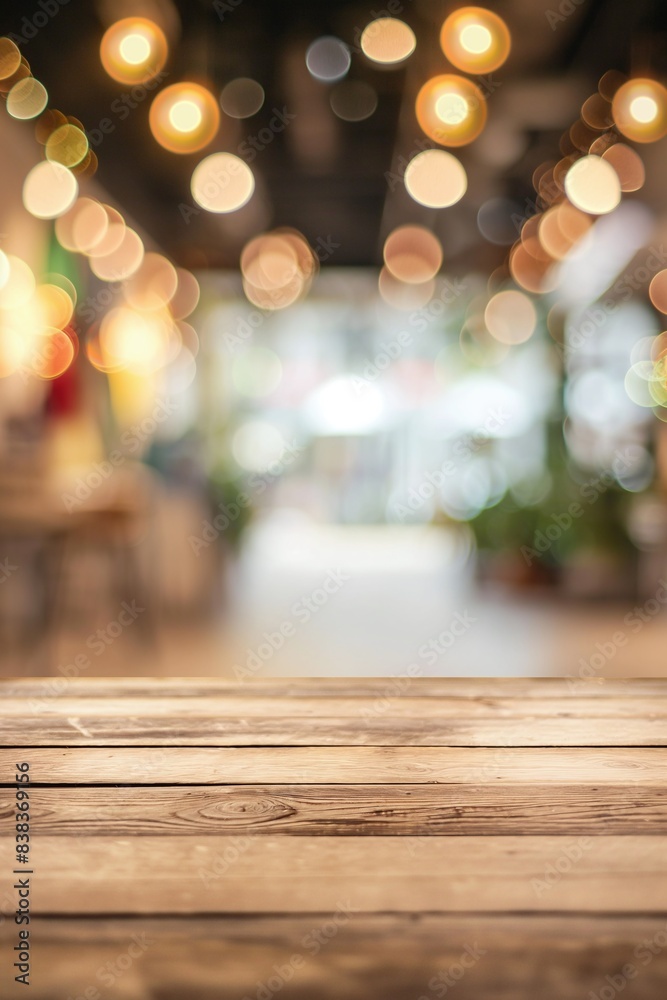 Wooden Table with Blurred Bokeh Lights in Cozy Indoor Setting Wooden Table with Blurred Bokeh Lights in Cozy Indoor Setting
