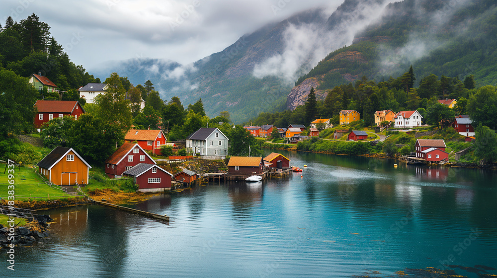 Picturesque Fishing Village In Northern Norway On A Sunny Day With Colorful Houses, Clear Blue Waters, Majestic Mountains, And Pristine Natural Beauty Picturesque Fishing Village In Northern Norway On A Sunny Day With Colorful Houses, Clear Blue Waters, Majestic Mountains, And Pristine Natural Beauty