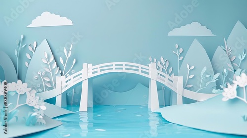 Paper cutout of a bridge, connection theme, river background photo