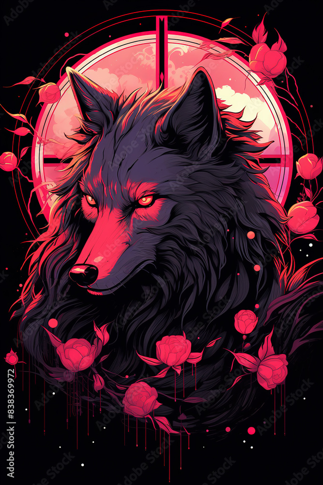 The wolf with a red moon on a black background The wolf with a red moon on a black background