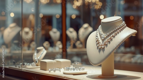 Showcase in jewellery store. jewelry diamond gold shop with rings and necklaces luxury retail store window display showcase	
