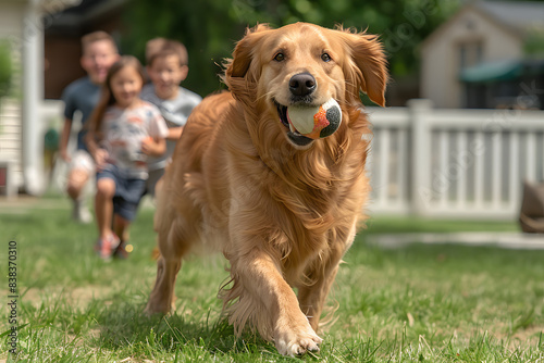 A friendly golden retriever playing fetch with happy family in sunlit backyard. Dog is running with ball in mouth  children laughing  scene is brightly lit  neutral green lawn and white fence.