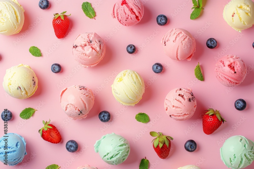 Colorful ice cream scoops with berries and mint leaves on a pink background Colorful ice cream scoops with berries and mint leaves on a pink background
