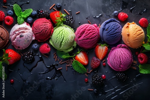 A flat lay of colorful ice cream balls with various flavors, arranged on a black background