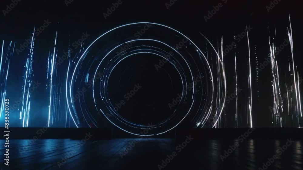 speakers in a circular pattern dark stage. Bass drops, the speakers' vibrate white strobes pulse center, Sound wave equalizer. Loop VJ motion graphics, audio meter spectrum waveform beat seamless loop