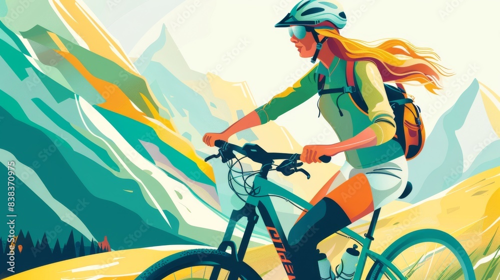 Naklejka premium illustration of an female cyclist riding a mountain bike. The vector graphic has colorful design elements on a white background with colorful splashes.