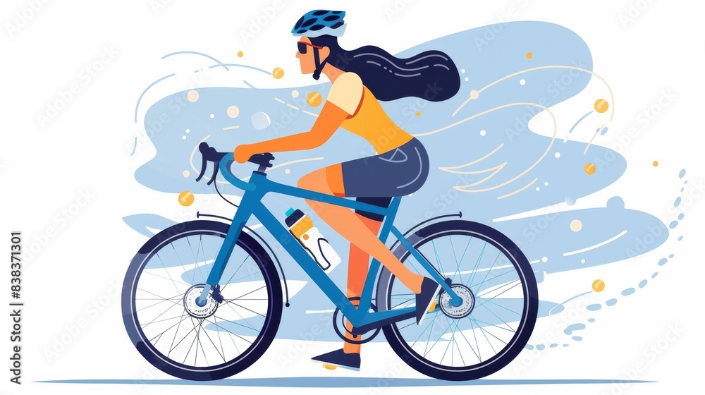Fototapeta premium illustration of an female cyclist riding a mountain bike. The vector graphic has colorful design elements on a white background with colorful splashes.