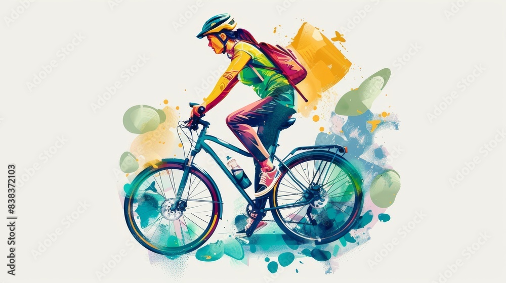 Fototapeta premium illustration of an female cyclist riding a mountain bike. The vector graphic has colorful design elements on a white background with colorful splashes.
