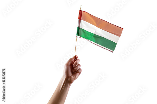 man hand hold national flag of Hungary isolated on transparent background
