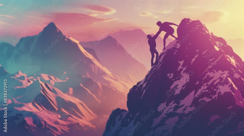 Teamwork concept with man helping friend reach the mountain top, Generative Ai illustration Teamwork concept with man helping friend reach the mountain top, Generative Ai illustration