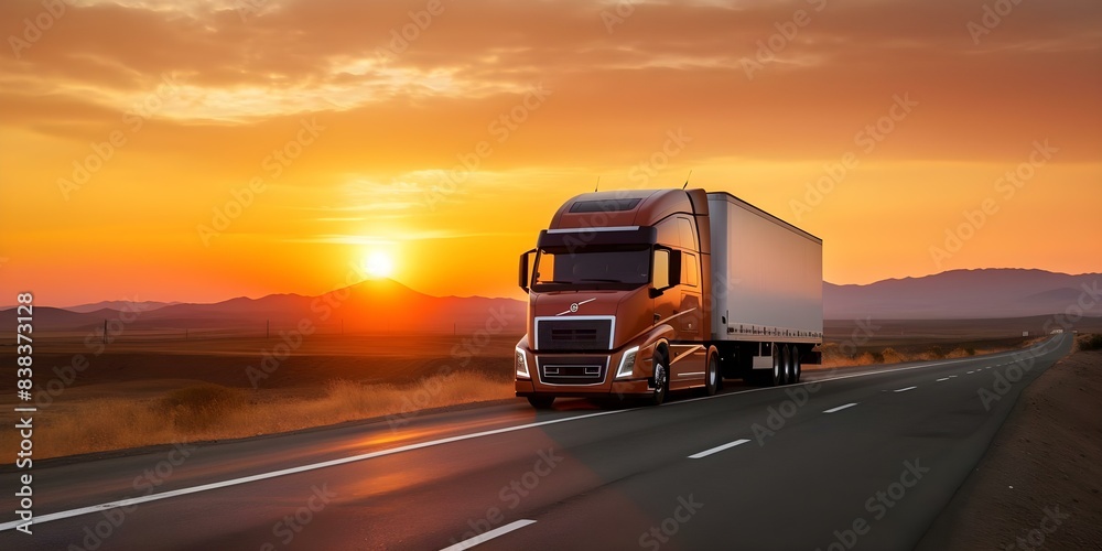 Truck on highway at sunrise or sunset carrying international freight. Concept Truck Photography, Transportation Industry, International Freight, Sunrise/Sunset, Highway Scene
