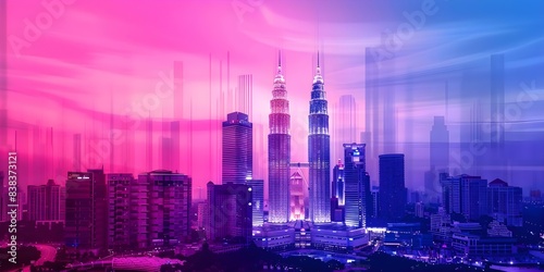 Abstract hologram of Kuala Lumpur at dusk showcasing technological progress in Asia. Concept Futuristic Technology, Cityscapes, Holograms, Kuala Lumpur, Asia © Ян Заболотний