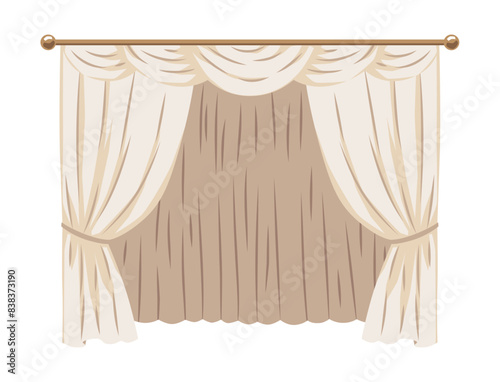 White and beige curtains composition and draperies on cornice, vector house or theatre drapery textile interior decor