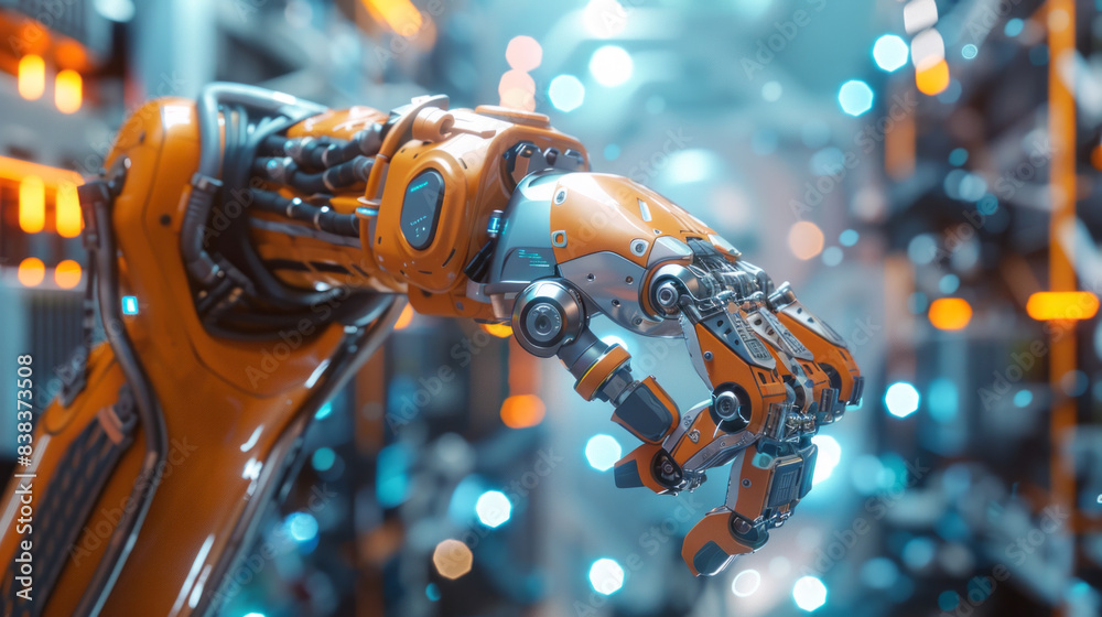 Industrial technology. Industry 4.0. Robot arm in industry close up
Industrial technology. Industry 4.0. Robot arm in industry close up
