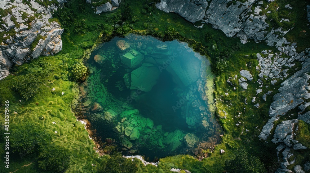 A breathtaking aerial view of a water body encircled by rocks, with green grass and trees creating a stunnin