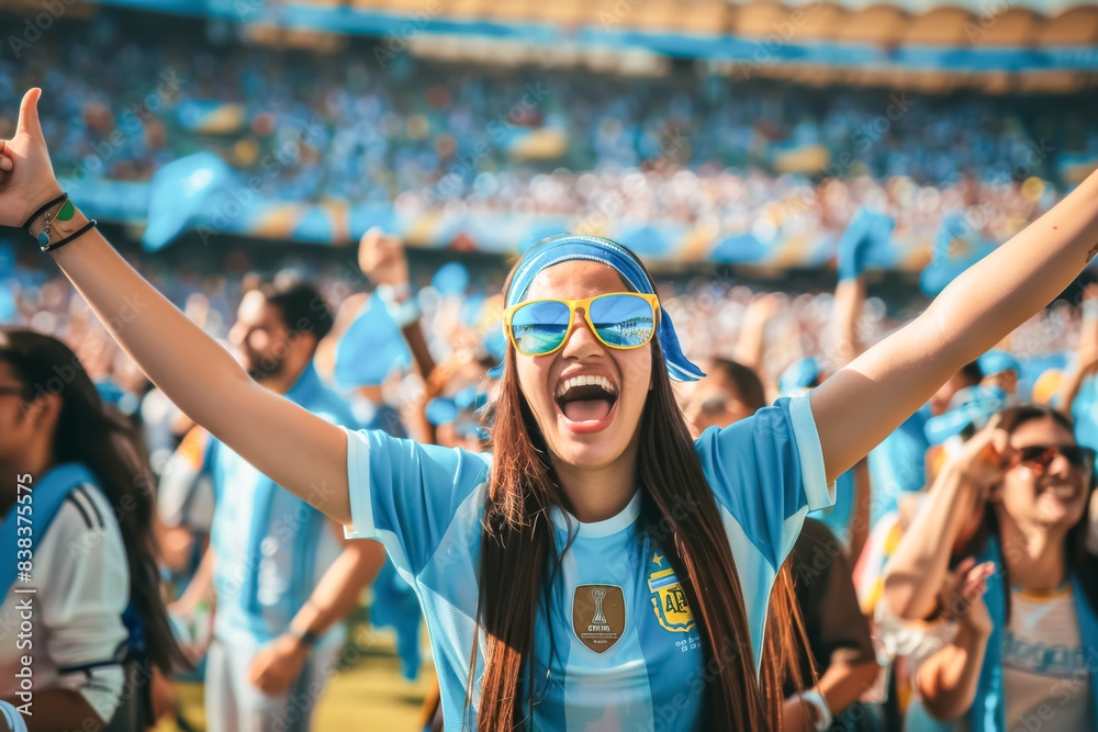 Argentine football soccer fans in a stadium supporting the national ...