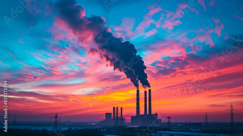 Smokestacks of coal power plant at sunset. Smokestacks from a coal-fired power plant emit dark smoke against a vibrant sunset sky, illustrating the impact of industrial pollution.