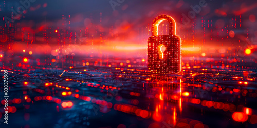 Virtual Padlock Symbolizing Data Protection. Digital padlock surrounded by binary code, symbolizing data protection and privacy in virtual environment. Image is set against futuristic glowing backdrop