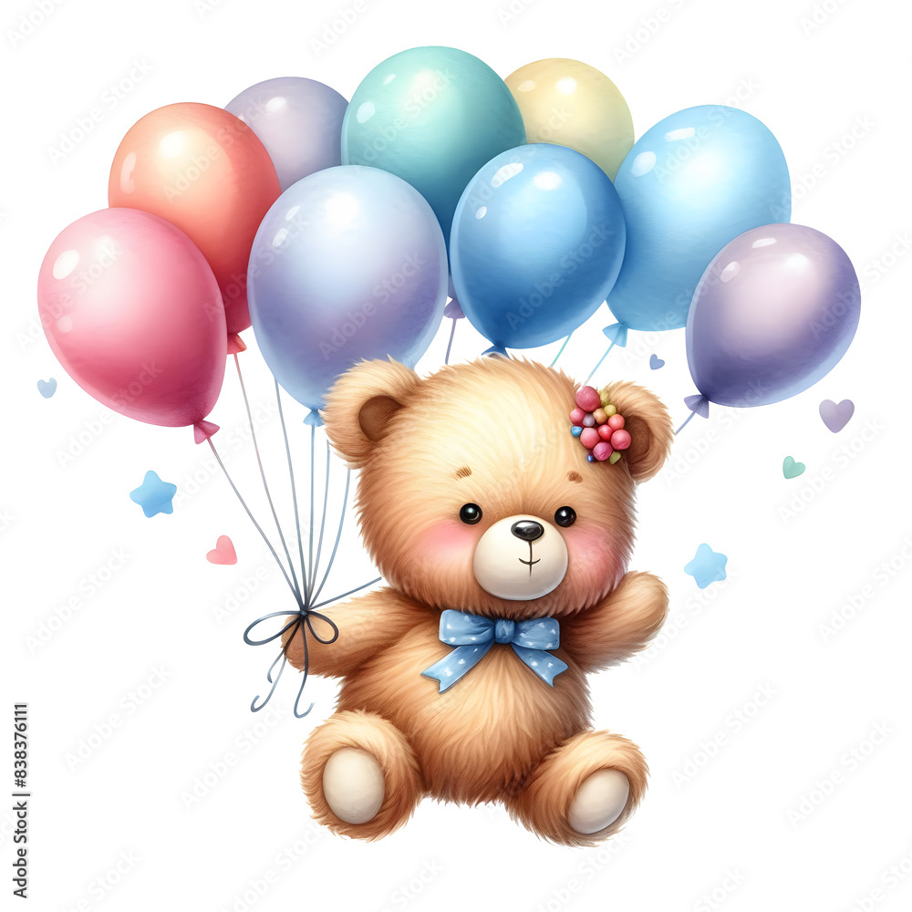 Isolated image of a teddy bear holding a balloon and floating on a gift box. Separate transparent background components Isolated image of a teddy bear holding a balloon and floating on a gift box. Separate transparent background components