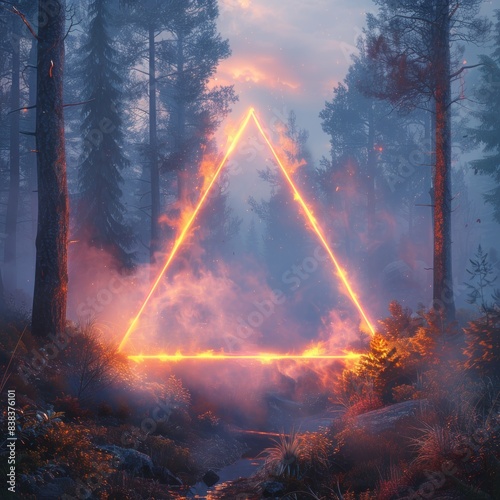 Smoky colorful triangular neon lights illuminate the forest  creating an atmosphere of mystery and wonder  adding to the futuristic look. symbolizes or new adventures in the future