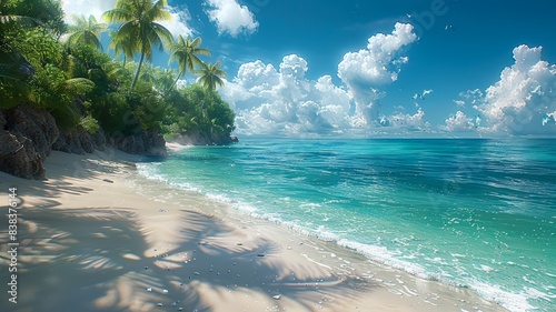 Sunny Tropical Beach with Palm Trees and Clear Blue Ocean Water on a Cloudy Day