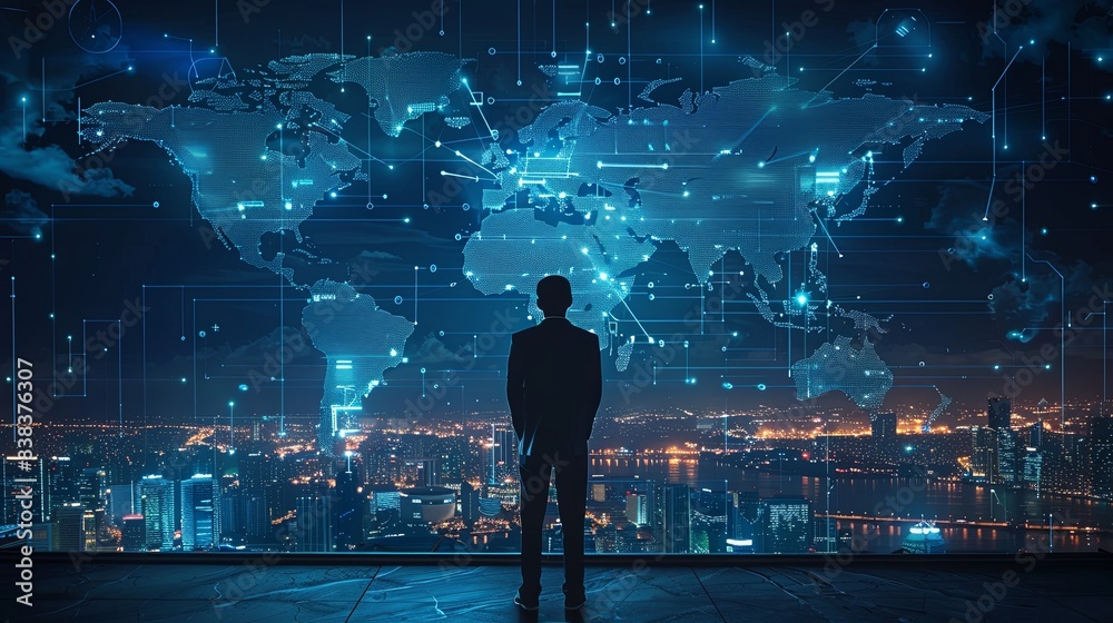 Businessman Contemplating Global Network Connectivity on Digital Technology Background with World Map, Social Media, and Cloud Icons Seamlessly Connected. AI Concept, Front View over Night Cityscape Businessman Contemplating Global Network Connectivity on Digital Technology Background with World Map, Social Media, and Cloud Icons Seamlessly Connected. AI Concept, Front View over Night Cityscape