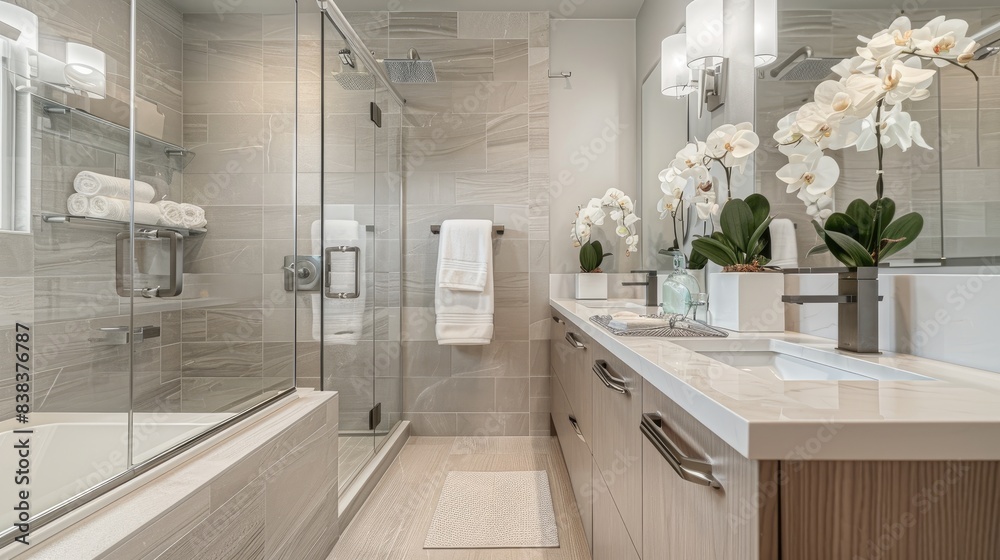 A modern bathroom with a spotless vanity and fresh flowers, offering a clean and beautiful aesthetic. A modern bathroom with a spotless vanity and fresh flowers, offering a clean and beautiful aesthetic.