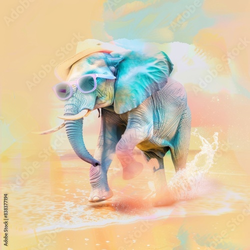 A whimsically accessorized elephant in Summer vacation gear strides confidently with a beautiful sunset background, embodying the spirit of a holiday