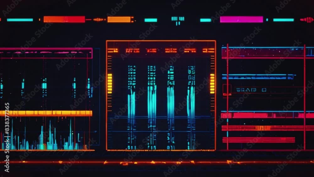 VU meters in a pixel art style reminiscent of retro arcade games, Sound wave equalizer. Loop VJ motion graphics, audio meter spectrum waveform beat react EDM seamless loop VU meters in a pixel art style reminiscent of retro arcade games, Sound wave equalizer. Loop VJ motion graphics, audio meter spectrum waveform beat react EDM seamless loop