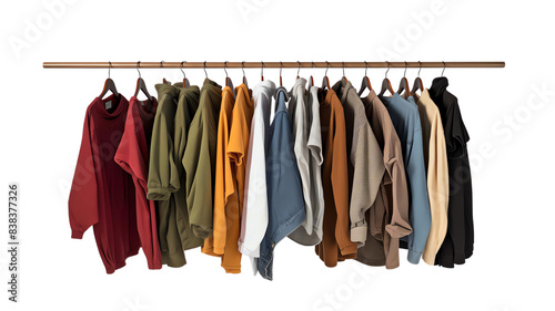 variety of colorful clothing hangers displayed wooden rod, showing assortment of casual stylish fashion choices.