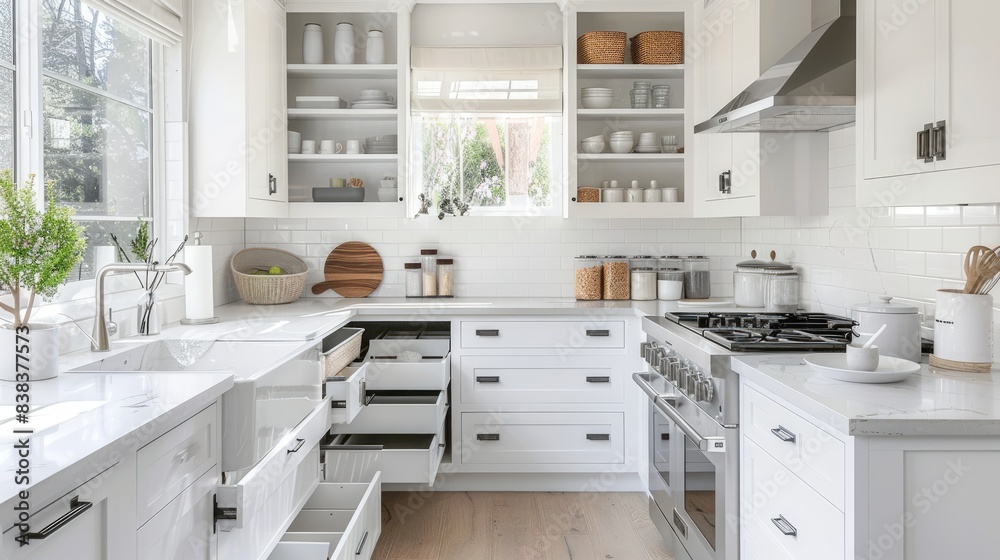 A pristine kitchen with white cabinets and organized drawers, presenting a clean and orderly space. A pristine kitchen with white cabinets and organized drawers, presenting a clean and orderly space.