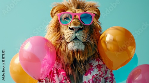 A beautiful conceptual image of a lion wearing sunglasses and surrounded by summer vacation-themed balloons