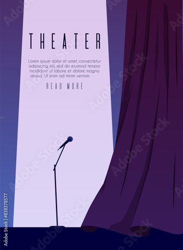 Curtains draperies, stage with microphone vector announcement poster design, theatre scene drapery textile decoration