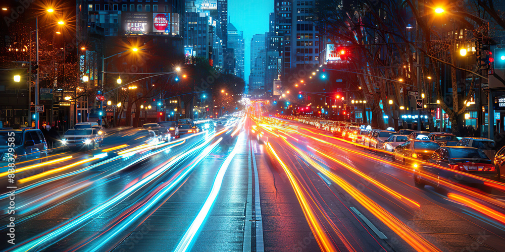 Fototapeta premium Busy city street at night with light trails Generated by AI