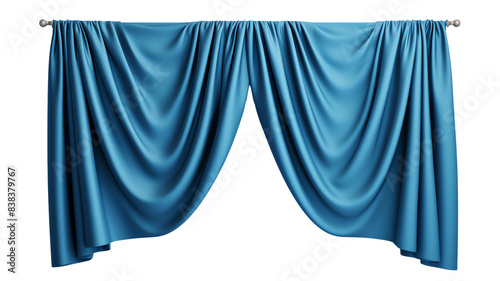 Elegant blue silk curtains with graceful folds, hanging on a rod. Perfect for interior design and home decor themes.