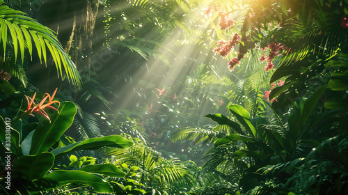 lush jungle with sunlight streaming through the foliage