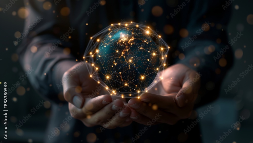 A person holding a digital earth globe with glowing connections, symbolizing global connectivity and technology in business. A person holding a digital earth globe with glowing connections, symbolizing global connectivity and technology in business.