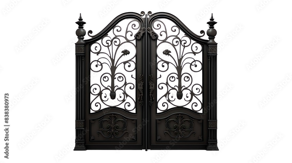 Elegant wrought iron gate with intricate designs, perfect for estates or ornamental entryways, highlighted against a clear background. Elegant wrought iron gate with intricate designs, perfect for estates or ornamental entryways, highlighted against a clear background.