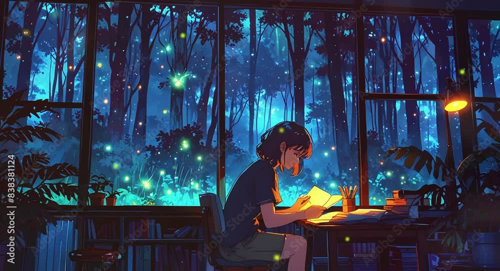 A Lofi Cute girl Night Love Rain Moon Passion time lights in the background. Background music Anime style. illustration lofi chill hip hop Relaxing music. Seamless Loop 4k Animation video