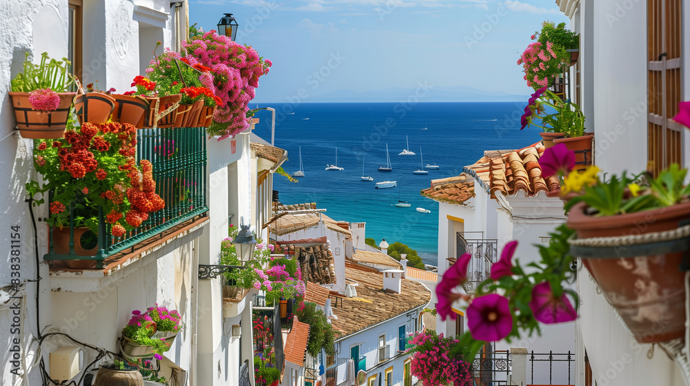 Seaside town in Spain with flowers, fences and ocean in the background
Seaside town in Spain with flowers, fences and ocean in the background