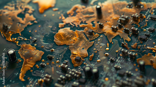 Tech conflict over semiconductor supply chain geopolitics highlighted by integrated circuits in maps. Concept Technology, Semiconductor Supply Chains, Geopolitics, Integrated Circuits, Maps
