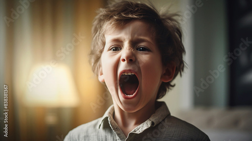 A child is crying and screaming in an empty room, feeling the weight of violence, fear and loneliness. photo
